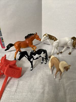 #ad #ad Toy Horse Lot 4 Horses And A Saddle Various Sizes Brands Colors $20.00