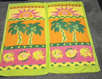 #ad VTG Retro Beach Towel By Cecil Saydah Co Sun amp; Palm Trees Fish 1970s Set of 2 $29.99