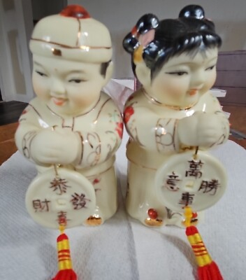 #ad Chinese Ceramic Lucky Golden Couple Jintong amp; Yunu Jade Figurines NEW 5quot; $22.71