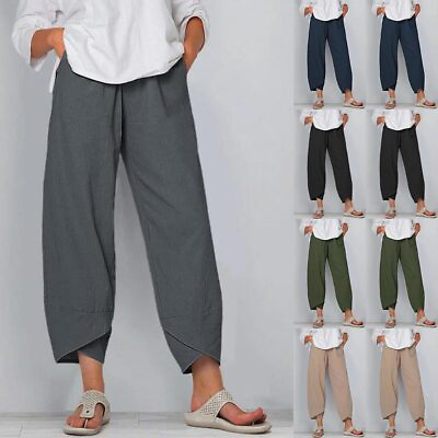 #ad Women Cotton Linen Cropped Trousers Summer Hippie Baggy Wide Leg Harem Pants US $16.92