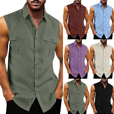 #ad Mens Cotton Linen Sleeveless Dress Shirt Button down Loose Solid Blouse Tops $19.79