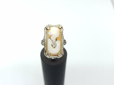 #ad Art Deco14k White Gold Natural Rectangular Cameo Ring $275.00
