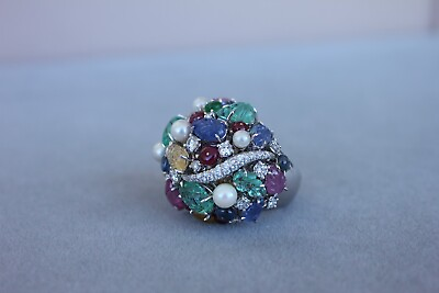 #ad Multi Colors Sapphires Emeralds Ruby Diamond Scavia Unique 18K White Gold Ring $30000.00
