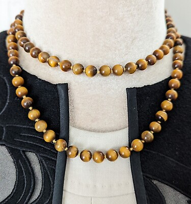 #ad Vintage Tiger’s Eye Beaded Long Necklace Knotted Flapper Statement Jewelry 32” $75.00