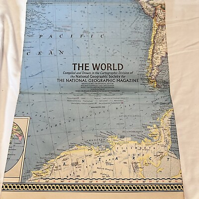 #ad 1965 World Map National Geographic 29quot; x 41.5quot; Vegetation Land Use Time Zones $5.25