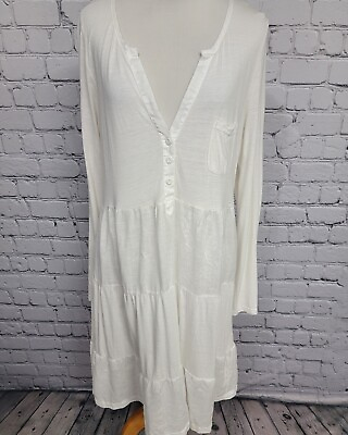 #ad 120% Lino Womens White Boho Kat Jersey Mix Linen Tiered Shirt Dress Size Large L $49.88