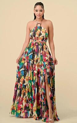 #ad NEW NWT Tropical Parrot Print Sz Medium Cut Out Tiered Halter Dress THE SANG $60.00