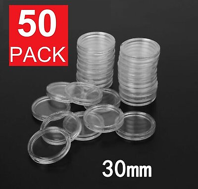 #ad 50PCS 30mm Silver Gold Coin Capsules Holder Clear Plastic Round Storage Box $8.04