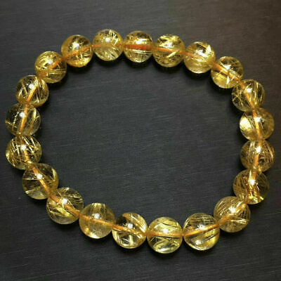 #ad Natural Golden Rutilated Quartz Crystal Round Beads Bracelet 9.5mm AAAAA $183.99