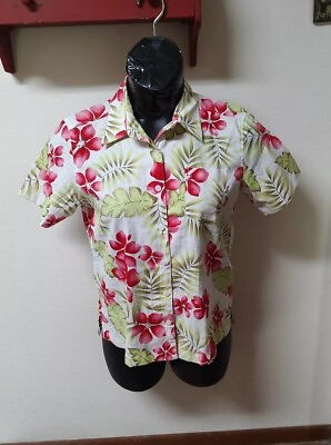 #ad NWOT SunBay Cottons White Blouse Linen Hawaiian Tropical Floral Sz Petite M $14.95