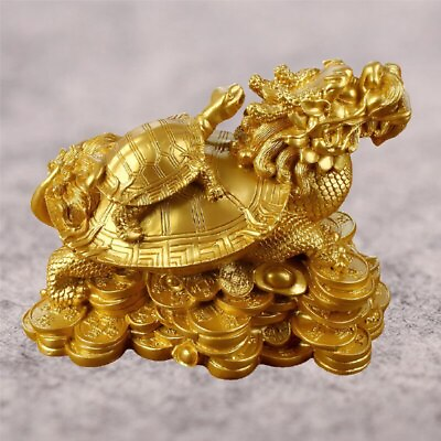 #ad 7.6quot;Golden Feng Shui Dragon Turtle Tortoise Statue Figurine Coin Money Ornaments $72.11