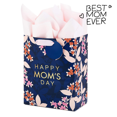 #ad Mother#x27;s Day Gift Bag with Tissue Paper Navy Blue with Pink and Orange Flowers $12.99