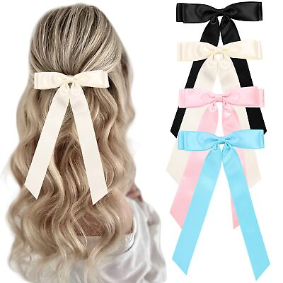 #ad 4 PCS Hair Ribbon Bows for Women Satin Bow Hair Clip With Long Tail Bowknot H... $10.26
