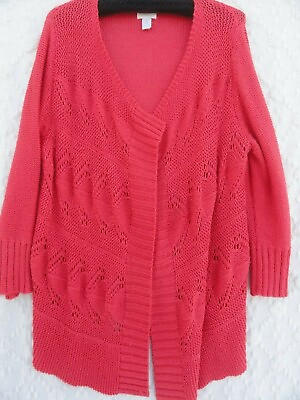 #ad Chico#x27;s 3 Open Cardigan Sweater Misses XL Coral Orange Acrylic Nylon $33.00