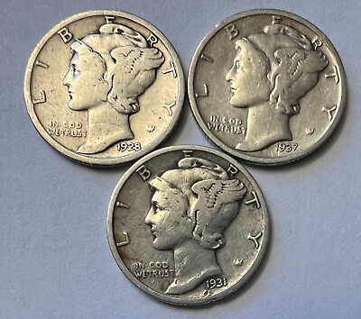 #ad 1928 P 1937 S 1931 S SET OF 3 MERCURY DIMES COINS SAME AS SHOWN IN PHOTO #28 $19.99