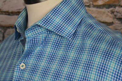 #ad PETER MILLAR Mens Button Up Shirt Blue Multicolor Plaid Pocket Spread Collar M $19.99