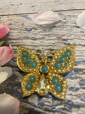 #ad VTG Frances Hirsch 1.8” Butterfly Turquoise Pearl Rhinestone Gold Tone Brooch $39.99
