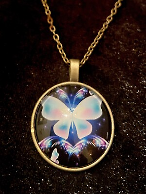 #ad “Illuminating Butterfly”Cabochon Pendant Necklace 20in Brass BronzeChain 0056 $8.88