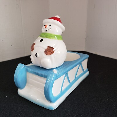 #ad Yankee Candle Votive Tealight Ceramic Holder Christmas Snowman Riding Sled $13.49