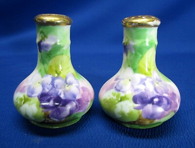 #ad PAIR HAND PAINTED VIOLET FLOWERS PORCELAIN SALT amp; PEPPER SHAKERS GOLD TOPS $24.99