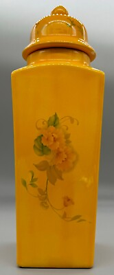 #ad Lovely Yellow Canister Jar with Lid Morning Glory Flowers Absolutely Beautiful $38.00