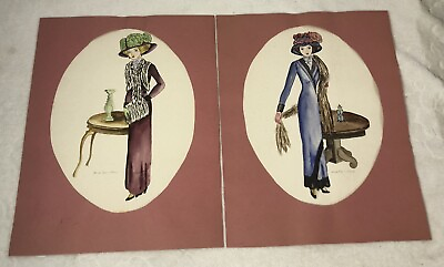 #ad Pair Of Original Watercolor Paintings Women 1910’s Fashion Dress Flapper Girl $35.95