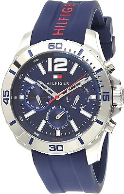 #ad Tommy Hilfiger 1791142 Mens Blue Silicone Band Watch 46mm $135.00