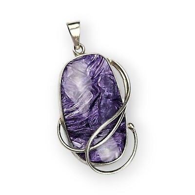 #ad Charoite Sterling Silver Pendant Purple Gemstone Asymmetrical Artisan 925 2.75quot; $119.96