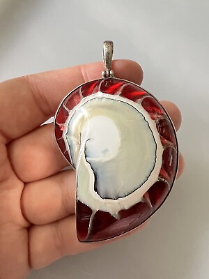 #ad Vintage Sterling Silver Translucent Red Fossil Handmade Large Pendant 2.9quot; GBP 125.00