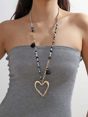 #ad 1pc Heart Shaped Alloy Beaded Long Necklace Exaggerated Jewelry Statement $5.32