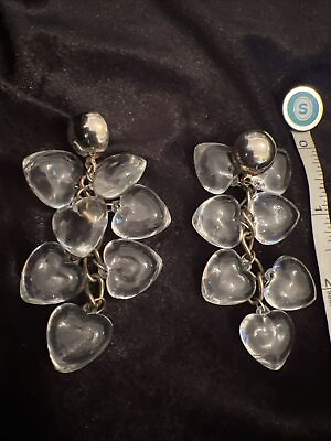 #ad Vintage Clear Lucite Silver tone Post Dangling Heart Earrings 3” $21.99
