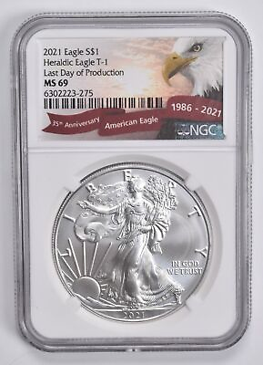 #ad MS69 2021 Heraldic Eagle Silver Dollar T 1 35th Anniv. Special Label NGC $42.95