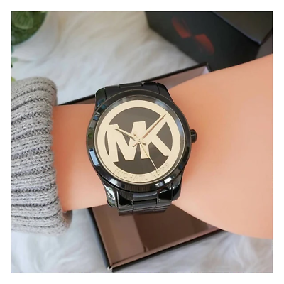 #ad Michael Kors Runway Black and Gold Dial Black Ion plated Ladies 34mm MK6057 $129.00