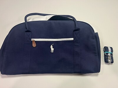 #ad Ralph Lauren Polo Duffle Bag Blue amp; White Canvas Leather Tote Travel Bag $25.00