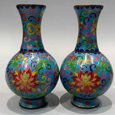 #ad 16cm fengshui Exquisite copper Cloisonne enamel blooming flower bottle pair vase $199.99
