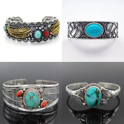 #ad Women 925 Silver Filled Turquoise Carve Bracelet Bangle Cuff Wedding Jewelry C $5.72