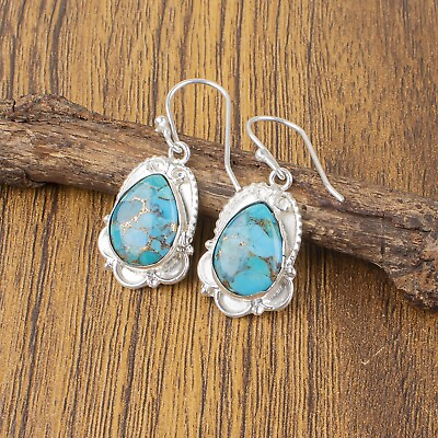 #ad Natural Blue Copper Turquoise Gemstone 925 Sterling Silver Earrings For Women $30.99
