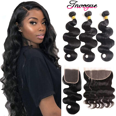 #ad #ad 10A Human Hair Body Wave Bundles with Closure 13*4 Lace Frontal Remy Virgin Hair $64.27
