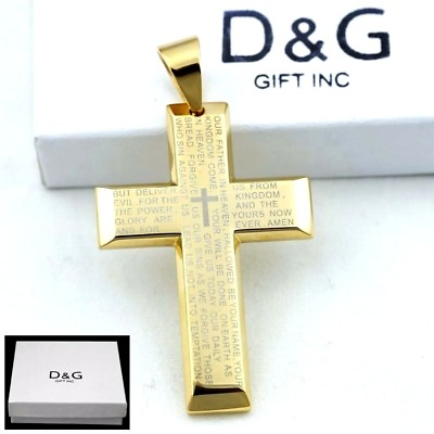 #ad DG Men#x27;s Stainless SteelBIBLE VERSES CROSS 60mm Pendant Gold plated Box $13.99