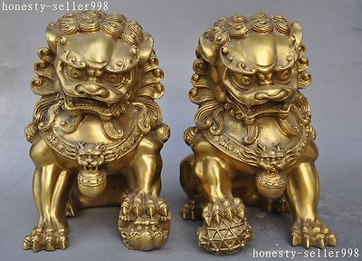 #ad 8quot; Chinese FengShui Copper Brass Evil Door Guardian Fu Foo Dogs Lion Statue Pair $326.80