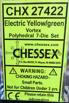 #ad Chessex 27422 Electric Yellow with green Vortex Polyhedral 7 Die Set. Unopened $99.00