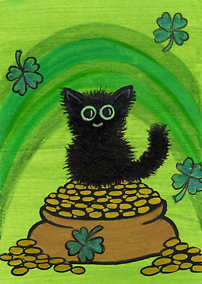 #ad ACEO *Print* of Original Art St. Paddy#x27;s Gold Black Kitty Cat Kitten by Saulite $4.99