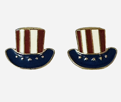 #ad Red White Blue Stud Earrings Top Hat Stars amp; Stripes USA America Patriotic Metal $9.95