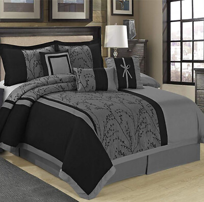 #ad HIG 7 Pieces Bedding Set Floral Jacquard Patchwork Gray and Black Comforter Set $57.99