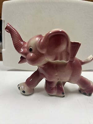 #ad Vintage 6” tall Pink Elephant with Trunk Up Ceramic Pottery Planter $19.97