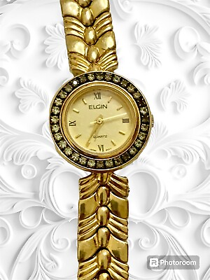 #ad ELGIN Women#x27;s GoldTone Watch Crystal Bezel Bracelet Vintage Classical Elegance $29.75