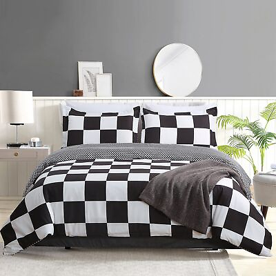 #ad Twin Size Duvet Cover Set Black and White Buffalo Check Comforter Cover wit... $40.86