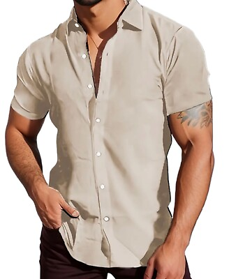 #ad New Men#x27;s Short Sleeve Button Down Casual Summer Shirt Beige Large $21.95