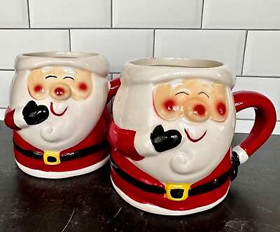 #ad 2 VINTAGE CHRISTMAS MUG’s Smiling Santa Claus 3D Ceramic Large 16 oz READ $28.00
