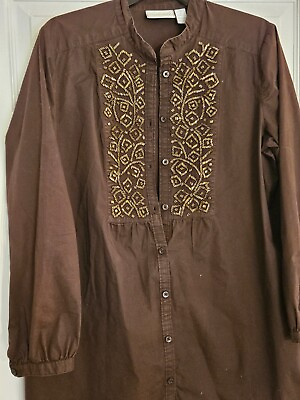 #ad CHICO#x27;S Size 2 Large Women Brown Bead Embellished Button Tunic Long Sleeves $16.75